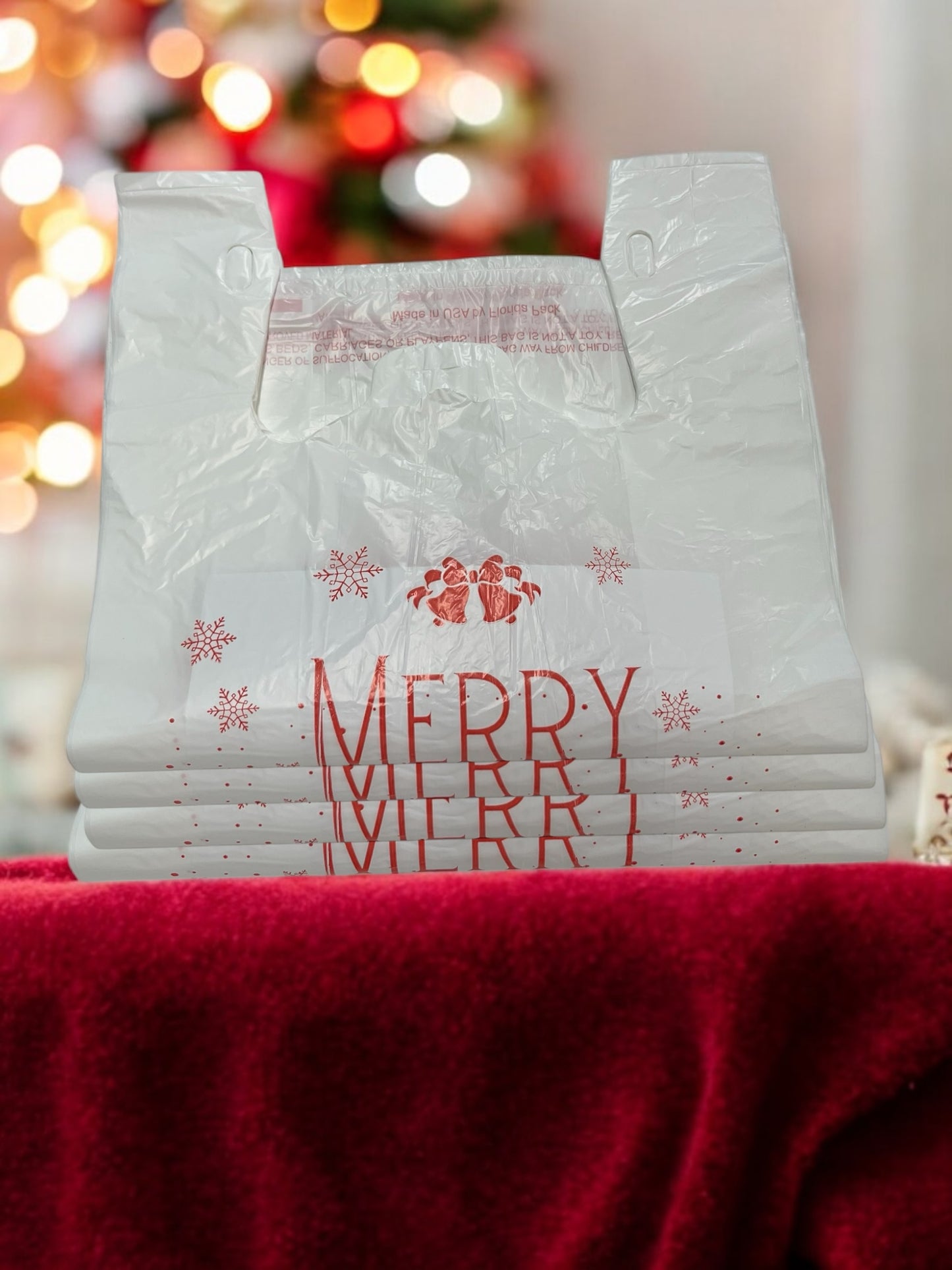 Merry Christmas T-Shirt Bags - Heavy Duty Large Shopping Bags | Made in USA